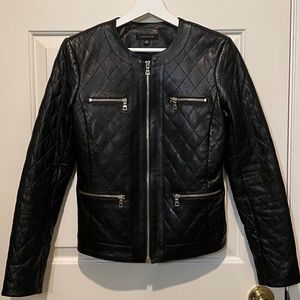 Ann Taylor Quilted Genuine Leather Jacket Black Size XS Channel Look Women